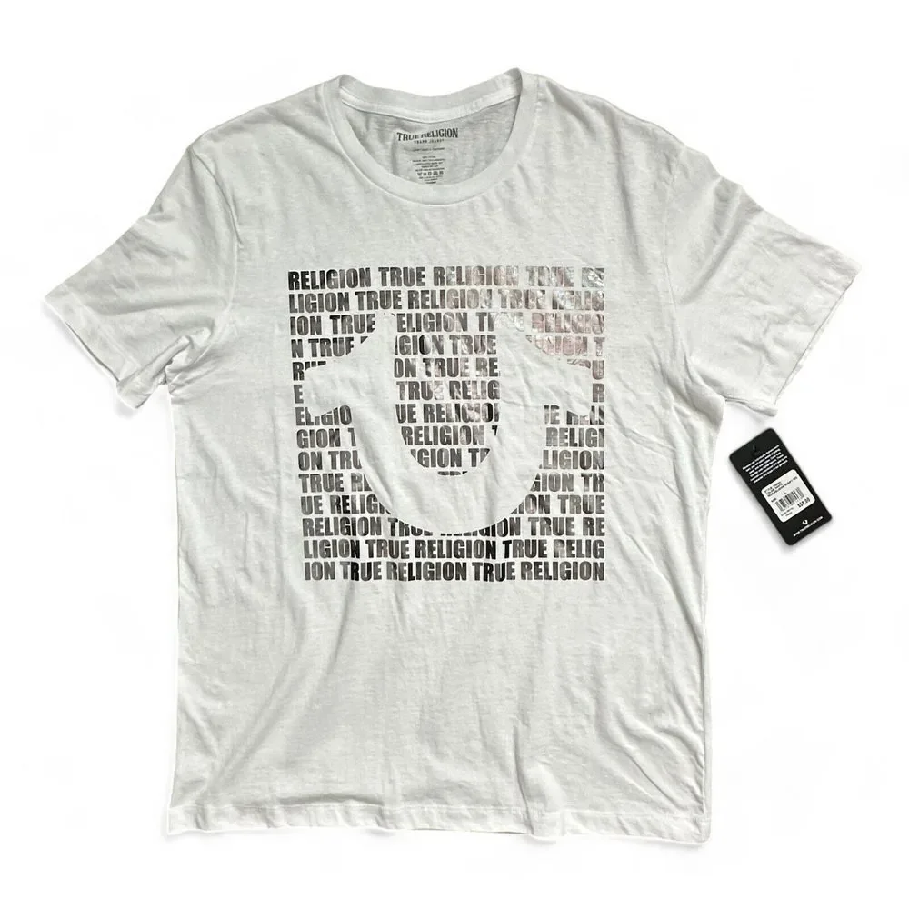 NWT‎ True Religion Brand Script All Over Silver Foil Graphic White Shirt Size L